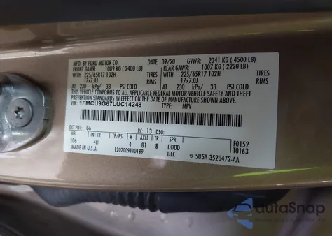 2020 Ford Escape Se from USA, damaged, VIN 1FMCU9G67LUC14248